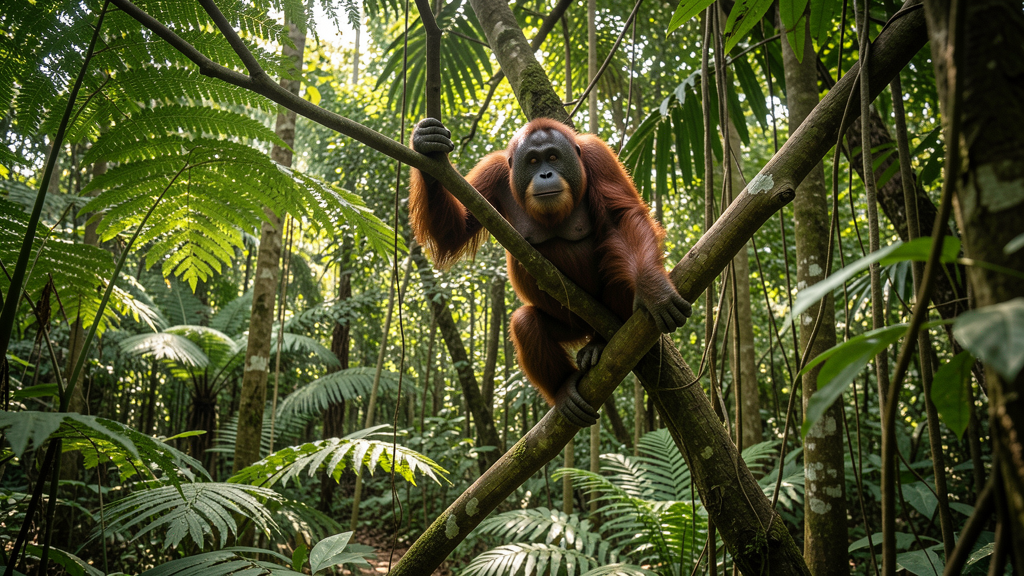 Bornean orangutan climbing in lush rainforest exhibit