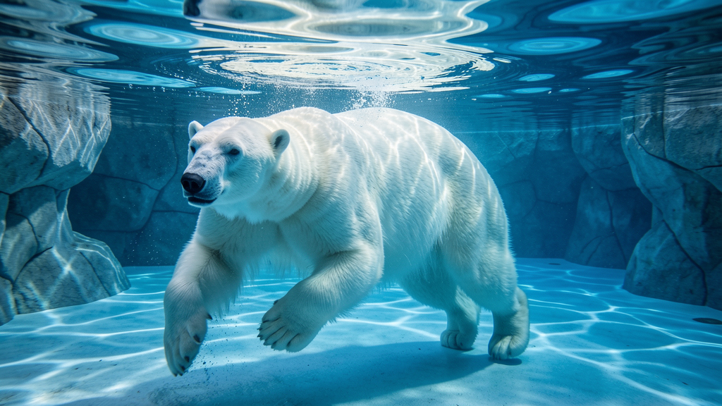 Polar bear swimming underwater in clear pool