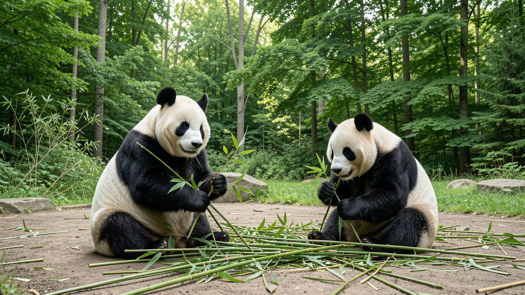 Giant pandas eating bamboo in Canadian forest setting
