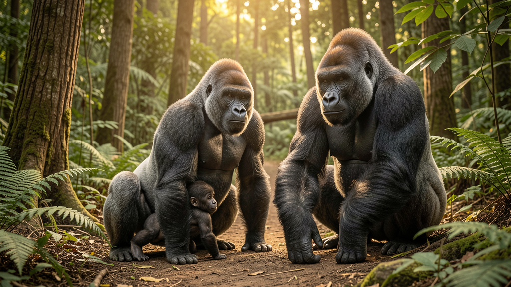 Western lowland gorilla family in forest habitat