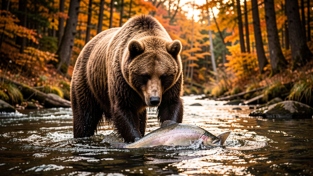 Grizzly bear standing in shallow river catching salmon