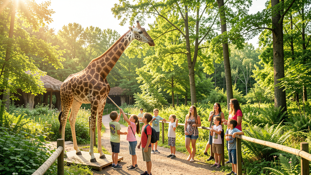 Children feeding giraffes from observation platform on sunny day